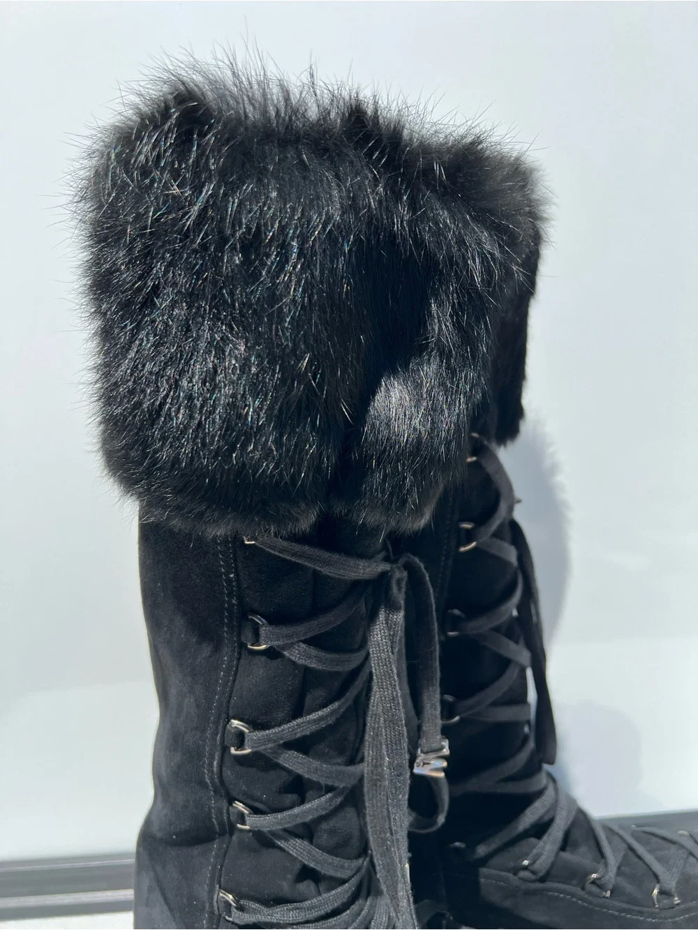Stuart Weitzman Women's Black Suede Knee High Lace Up Fur Boots Platform 7.5